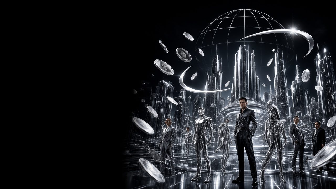 Chrome city of the future under a wireframe globe